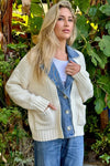 27 Miles Malibu Baille Cotton Denim Chunky Cardigan in Chalk; Layered Look; Sweater Cardigan over Denim Jacket Layered Look