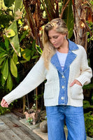 27 Miles Malibu Baille Cotton Denim Chunky Cardigan in Chalk; Layered Look; Sweater Cardigan over Denim Jacket Layered Look