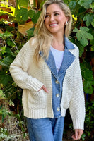 27 Miles Malibu Baille Cotton Denim Chunky Cardigan in Chalk; Layered Look; Sweater Cardigan over Denim Jacket Layered Look