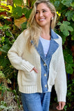 27 Miles Malibu Baille Cotton Denim Chunky Cardigan in Chalk; Layered Look; Sweater Cardigan over Denim Jacket Layered Look