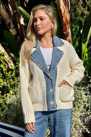 27 Miles Malibu Baille Cotton Denim Chunky Cardigan in Chalk; Layered Look; Sweater Cardigan over Denim Jacket Layered Look