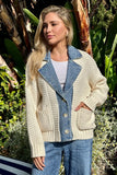 27 Miles Malibu Baille Cotton Denim Chunky Cardigan in Chalk; Layered Look; Sweater Cardigan over Denim Jacket Layered Look