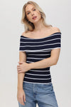 525 America Clothing Essie Stripe Off Shoulder Top Style 110026848 in Dark Blue;Striped Off the Shoulder Ribbed Top; 