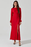 ASTR the Label Elyse Dress Style ACDR102494 in Red; Red Leg Slit Satin Maxi Dress