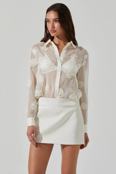 ASTR the Label Ioannis Sheer 3d Floral Shirt Style ACT18588 in Cream; White Sheer Button Down Shirt; NYE Style;;Holiday Blouse