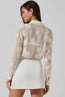 ASTR the Label Ioannis Sheer 3d Floral Shirt Style ACT18588 in Cream; White Sheer Button Down Shirt; NYE Style;;Holiday Blouse