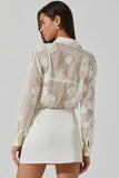 ASTR the Label Ioannis Sheer 3d Floral Shirt Style ACT18588 in Cream; White Sheer Button Down Shirt; NYE Style;;Holiday Blouse