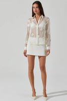 ASTR the Label Ioannis Sheer 3d Floral Shirt Style ACT18588 in Cream; White Sheer Button Down Shirt; NYE Style;;Holiday Blouse