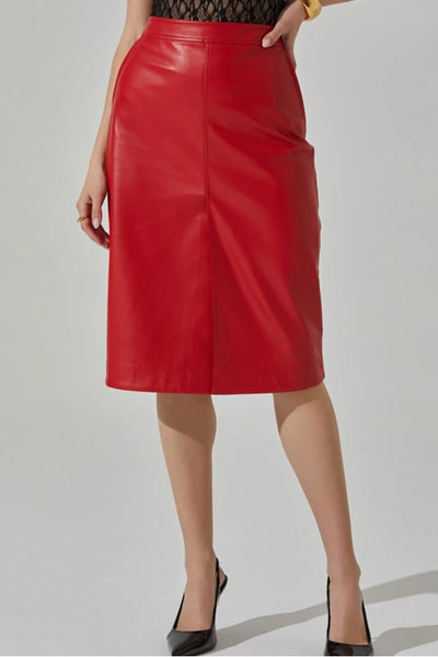 ASTR the Label Ladonne Skirt Style ACS9226 in Red;Red Faux Leather Midi Skirt; Red Faux Leather Skirt