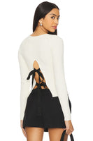 ASTR the Label Lauryn Contrast Bow Back Sweater Style ACT18703 in Off White;back tie bow sweater; Ribbed High NEck Bow Tie Back Detail Top