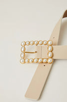 B-Low the Belt Joan Leather Belt Style BW473-930LE in Latte; Faux Pearl Buckle Leather Waist Belt