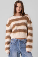 Beige Botany Clothing Fuzzy Stripe Sweater Style A3522T in Cream Coffee; Cropped Striped Sweater