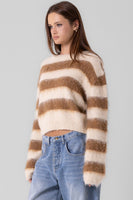 Beige Botany Clothing Fuzzy Stripe Sweater Style A3522T in Cream Coffee; Cropped Striped Sweater