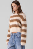 Beige Botany Clothing Fuzzy Stripe Sweater Style A3522T in Cream Coffee; Cropped Striped Sweater