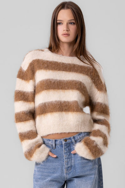 Beige Botany Clothing Fuzzy Stripe Sweater Style A3522T in Cream Coffee; Cropped Striped Sweater