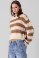 Beige Botany Clothing Fuzzy Stripe Sweater Style A3522T in Cream Coffee; Cropped Striped Sweater