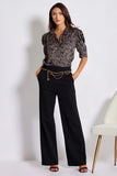 Bishop and Young Clothing Lara Wide Leg Trouser Style K4EPW2876 BLK in Black;Black Wide Leg Pant;Wide Leg Dress Pant with chain Belt; 