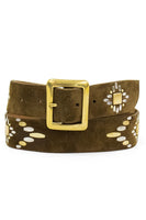 Calleen Cordero Designs Azteca Belt in Moss Suede;Designer Belt;Suede Belt;Embossed Handmade Suede Belt;Moss Green Suede Belt; Handmade original artwork Metal Studded Suede Belt