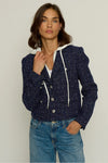 Central Park West Clothing Crop Tweed Dickie Blazer Style CS25-2125W in Navy Multi; Cropped Navy Blue Double Breasted Hoodie Dickie Tweed Spring Blazer