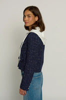 Central Park West Clothing Crop Tweed Dickie Blazer Style CS25-2125W in Navy Multi; Cropped Navy Blue Double Breasted Hoodie Dickie Tweed Spring Blazer