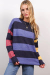 Central Park West Clothing Mia Oversized Crew Style CF23-1095S in Blue Multi;Women's Oversized Striped Crew Neck Sweater;Central Park West Oversized Sweater;Striped Over-sized Sweater; 