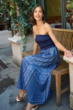 Central Park West Clothing Tube Dress with Woven Skirt Style CS25-3117S in Blue; Blue Strapless with Border Print Skirt;  Timeless Elegant Dress;  Spring Summer Dress; Brunch Dress; Country Club Style