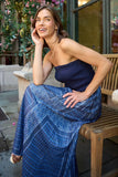 Central Park West Clothing Tube Dress with Woven Skirt Style CS25-3117S in Blue; Blue Strapless with Border Print Skirt;  Timeless Elegant Dress;  Spring Summer Dress; Brunch Dress; Country Club Style; Feminine elegant style 