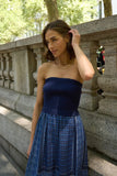 Central Park West Clothing Tube Dress with Woven Skirt Style CS25-3117S in Blue; Blue Strapless with Border Print Skirt;  Timeless Elegant Dress;  Spring Summer Dress; Brunch Dress; Country Club Style; Feminine elegant style 