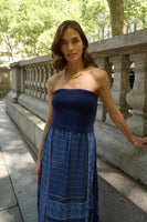 Central Park West Clothing Tube Dress with Woven Skirt Style CS25-3117S in Blue; Blue Strapless with Border Print Skirt;  Timeless Elegant Dress;  Spring Summer Dress; Brunch Dress; Country Club Style; Feminine elegant style 