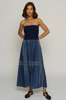 Central Park West Clothing Tube Dress with Woven Skirt Style CS25-3117S in Blue; Blue Strapless with Border Print Skirt;  Timeless Elegant Dress;  Spring Summer Dress; Brunch Dress; Country Club Style; Feminine elegant style 