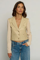 Central Park West Clothing Vegan X Sweater Bomber Jacket Style CS25-2341W in Camel; Vegan Leather Cropped Blazer; Spring Blazer