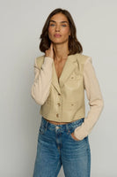 Central Park West Clothing Vegan X Sweater Bomber Jacket Style CS25-2341W in Camel; Vegan Leather Cropped Blazer; Spring Blazer