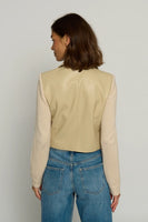 Central Park West Clothing Vegan X Sweater Bomber Jacket Style CS25-2341W in Camel; Vegan Leather Cropped Blazer; Spring Blazer