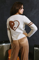 Chaser Brand Clothing Yin Yang Heart Cardigan style CWA282-CHA7686-CPCNO in cappuccino;Yin Tang Heart Sweater;Fun Fall Sweater; 