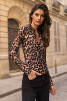 Choklate Paris Clothing Leopard Mesh Wrap Top Style CK08338 in Leopard Brown; Semi Sheer Leopard Print Wrap Top