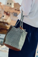 Dragon Diffusion Minga Bucket Bag 8153 on White Forest Green Tan;Woven Leather Bucket Bag; 