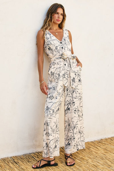 Dress Forum Clothing Sail Away With Me Button Down Sash Belt Jumpsuit Style FJS7020-P1869 in Oceanside; Printed V Neck Jumpsuit