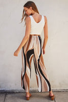 Dress Forum Clothing Wave Print Pleated Wide Leg Pants Style FP9533-P1740 in Mocha Swell; Printed Pleated Wide Leg Spring/Summer Cropped PAnt