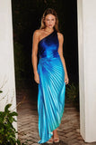 Dress Forum Radiance Ombre Asymmetrical Pleated Maxi Dress Style FD10589 in Ocean Ombre;Pleated One Shoulder Cutout Asymmetrical Maxi Dress