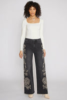 Driftwood Jeans Charlee Wide Leg - Etched Style DW-P43063A in Black with White; Wide Leg Jeans; Embroidered Black Jeans