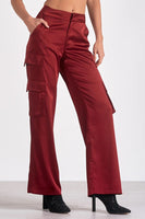 Elan Clothing Amber Pant Style PS2343 in Maroon; Red Satin Cargo Pant; Holiday Style; Holiday Office Party Style; Winter Career Style