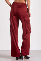 Elan Clothing Amber Pant Style PS2343 in Maroon; Red Satin Cargo Pant; Holiday Style; Holiday Office Party Style; Winter Career Style