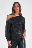 Elan Clothing Brenda Top Style EK11344 in Black; NYE Top; Holiday Sparkle; Off The Shoulder Holiday Top; Night Out Top; Party Top