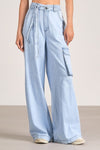 Elan Clothing Lila Denim Cargo Pant Style DW2292 in BLue Wash;Light Wash Wide Leg Cargo Pant;Belted Cargo Pant