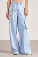 Elan Clothing Lila Denim Cargo Pant Style DW2292 in BLue Wash;Light Wash Wide Leg Cargo Pant;Belted Cargo Pant