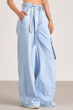 Elan Clothing Lila Denim Cargo Pant Style DW2292 in BLue Wash;Light Wash Wide Leg Cargo Pant;Belted Cargo Pant