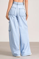 Elan Clothing Lila Denim Cargo Pant Style DW2292 in BLue Wash;Light Wash Wide Leg Cargo Pant;Belted Cargo Pant