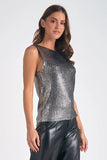 Elan Clothing Raz Top Style SWF11340 in silver;metallic tank top;NYE Top;Metallic Top;Metallic Knit Top; 