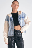 Elan Clothing Serena Sweater Jacket Style JK8225 DN-WS in Denim and White;CAble Knit Sweater Sleeve Denim Jacket;Denim Jacket with sweater sleeves and hood;Sweater Hood and Sleeve Denim Jacket; Fall Jacket; A Different Denim Jacket