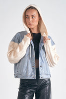 Elan Clothing Serena Sweater Jacket Style JK8225 DN-WS in Denim and White;CAble Knit Sweater Sleeve Denim Jacket;Denim Jacket with sweater sleeves and hood;Sweater Hood and Sleeve Denim Jacket; Fall Jacket; A Different Denim Jacket